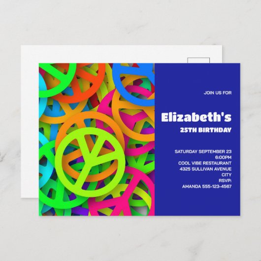 グルービーピースサインレインボーパターン誕生日招待状 ポストカード (正面/裏面)