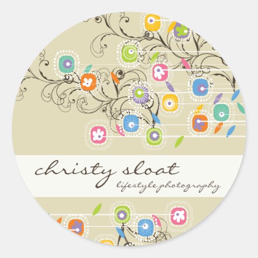 グルービーフラワーガーデンお洒落カラフルフローラ ラウンドシール (正面)