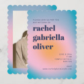 グルービーブルーグラデーション レトロ フォト バット ミッツヴァ 招待状 (正面/裏面)