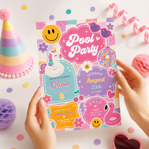 グルービープールパーティーリトロスマイル顔女子の誕生日 招待状