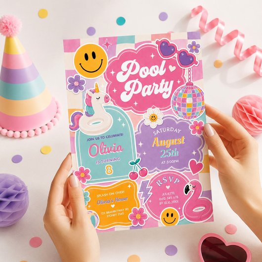 グルービープールパーティーリトロスマイル顔女子の誕生日 招待状