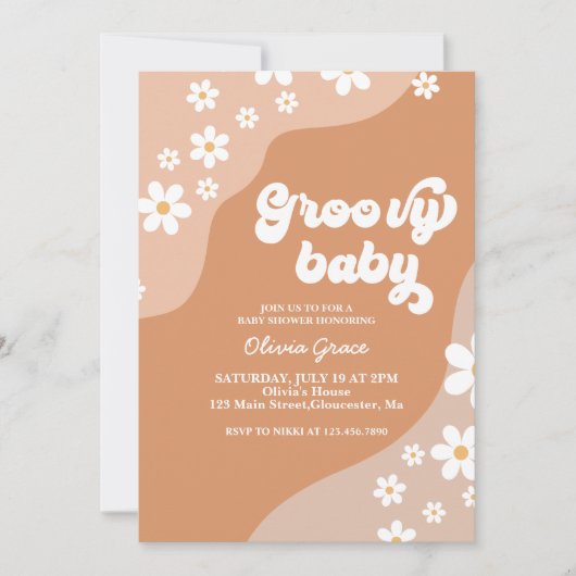 グルービーベビーレトロデイジー茶色の赤ちゃんシャワー 招待状 (正面)