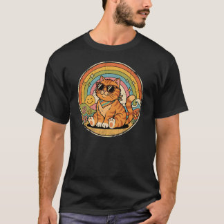 グルービーレトロキャット レインボーピースサイン Tシャツ