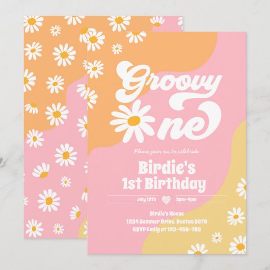 グルービーワンの1歳誕生日パーティーボホフラワーデイジー 招待状 (正面/裏面)