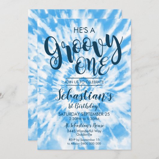 グルービーワンパーティの招待状ヒッピー絞り染めボーイ 招待状 (正面/裏面)