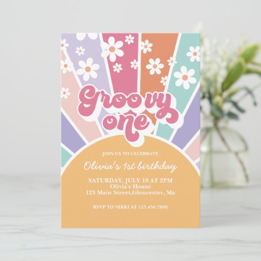 グルービーワン サンシャイン レインボー デイジー 誕生日招待状 招待状 (スタンド正面)