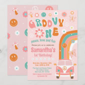 グルービーワン ボホ レトロ 1歳の誕生日招待状 招待状 (正面/裏面)