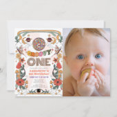 グルービーワン レトロガール フォト 1歳の誕生日 招待状 (正面)