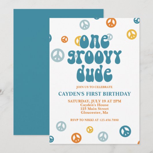 グルービーワン レトロボーイ 初誕生日招待状 招待状 (正面/裏面)