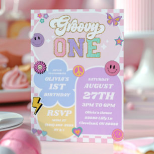 グルービーワン ヴァーシティパッチレター 1歳の誕生日パーティー 招待状