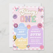 グルービーワン ヴァーシティパッチレター 1歳の誕生日パーティー 招待状 (正面)