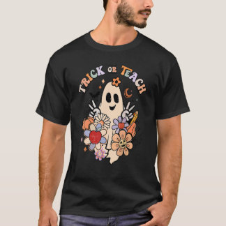 グルービー・ハロウィン トリック・オア・ティーチ レトロ・フラワー・ゴースト Tシャツ