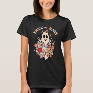 グルービー・ハロウィン トリック・オア・ティーチ・レトロ・フラワー・ゴースト Tシャツ