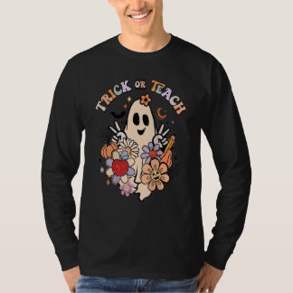 グルービー・ハロウィン トリック・オア・ティーチ レトロ・フラワー・ゴースト Tシャツ