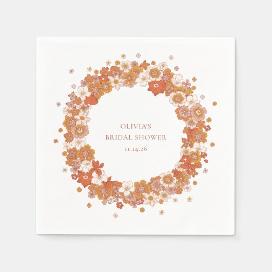 グルービー ボーホー オレンジ フラワーブライダルシャワー カスタム スタンダードカクテルナプキン (正面)