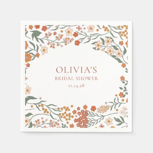 グルービー ボーホー オレンジ ワイルドフラワー ウィムジー ブライズシャワー スタンダードカクテルナプキン (正面)