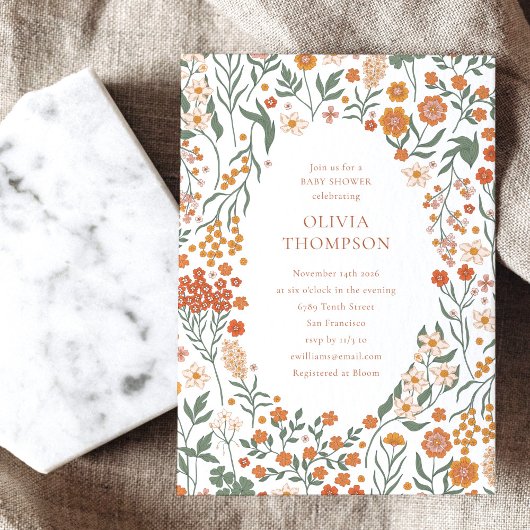 グルービー ボーホー オレンジ ワイルドフラワー ウィムジー ベイビー シャワー 招待状