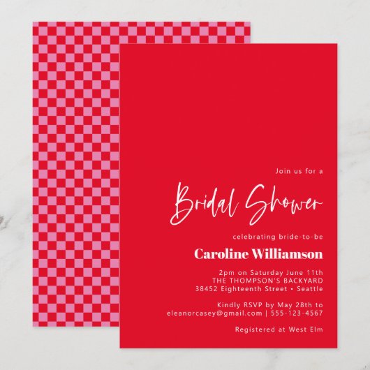 グルービー レッド ピンク レトロ チェック柄 ブライダルシャワー 招待状 (正面/裏面)