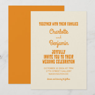 グルービー レトロ オレンジ タイポグラフィ ミニマル ウェディング 招待状