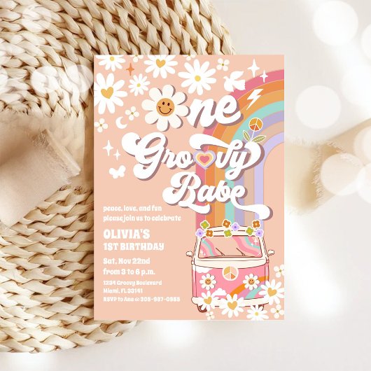 グルービー レトロ 1歳の誕生日招待状 招待状