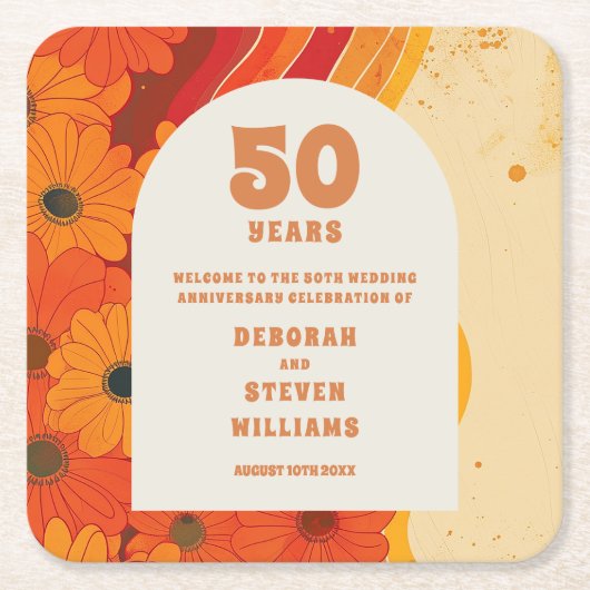 グルービー レトロ 50周年 結婚記念日 スクエアペーパーコースター (正面)