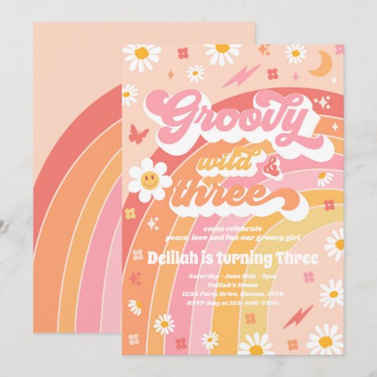 グルービー ワイルド アンド スリー ヒッピー 3歳の誕生日パーティー 招待状 (正面/裏面)