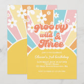 グルービー ワイルド スリー レトロ サンシャイン レインボー デイジー 招待状 (正面/裏面)