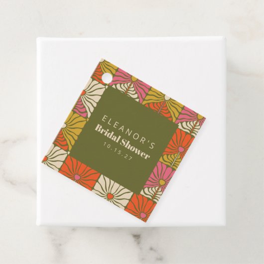 グルービー ヴィンテージ グリーン フラワーブライダルシャワー カスタム フェイバータグ (インサイチュ)