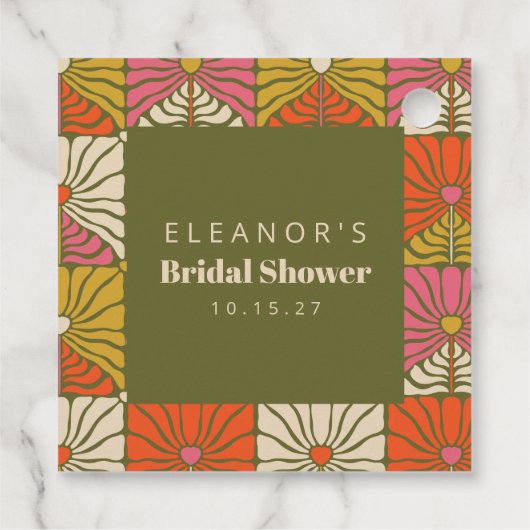 グルービー ヴィンテージ グリーン フラワーブライダルシャワー カスタム フェイバータグ (裏面)