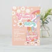 グルービーONEピンクデイジー虹色バン1歳の誕生日 招待状 (スタンド正面)