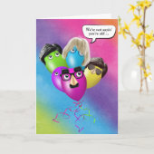 グループからのレインボー誕生日バルーン カード (黄色い花)