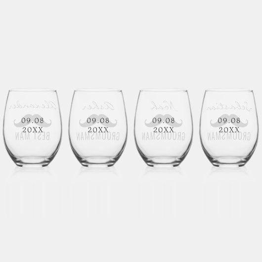 グルーミングのチーム名結婚Mustacheの日付 ステムなしワイングラス (裏面)