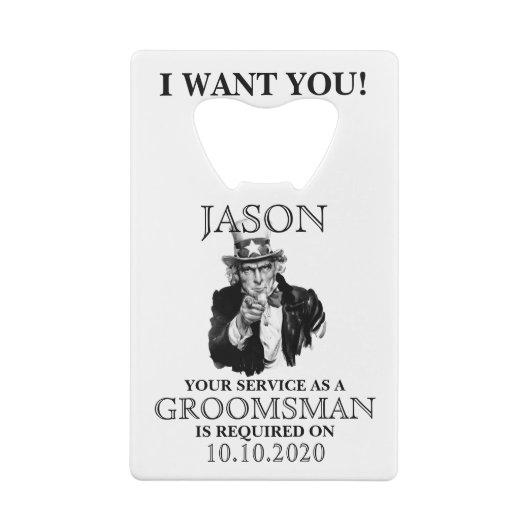 グルームスマン花婿介添人プロポーザルアンクルサム私が欲しい クレジットカード栓抜き (裏面)