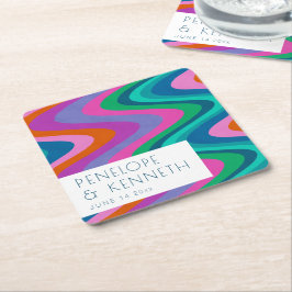 グルーヴィカラフルグリーンパープルレトロ結婚ズカスタム スクエアペーパーコースター