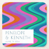 グルーヴィカラフルグリーンパープルレトロ結婚ズカスタム スクエアペーパーコースター (正面)