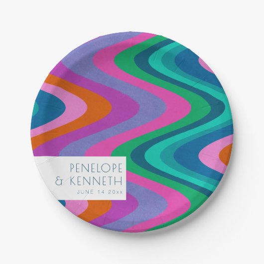 グルーヴィカラフルグリーンパープルレトロ結婚ズカスタム ペーパープレート (正面)