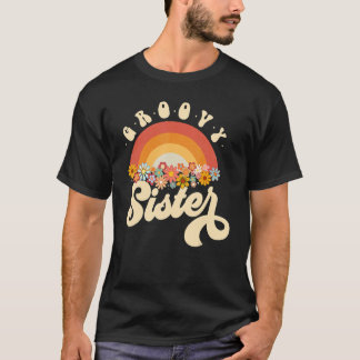 グルーヴィシスターレトロレインボーカラフルフラワーズデシグ Tシャツ