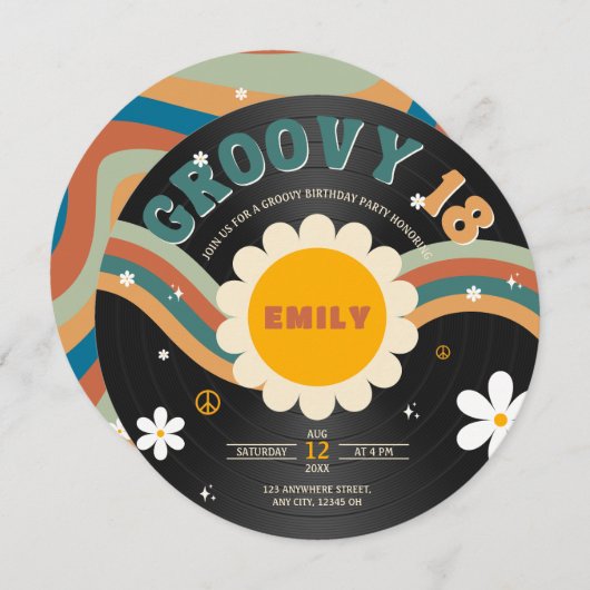 グルーヴィシックレトロビニールレコード18誕生日 招待状 (正面/裏面)