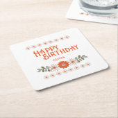 グルーヴィデイジーヒッパイフローラリーフハッピーバースデー スクエアペーパーコースター (アングル)