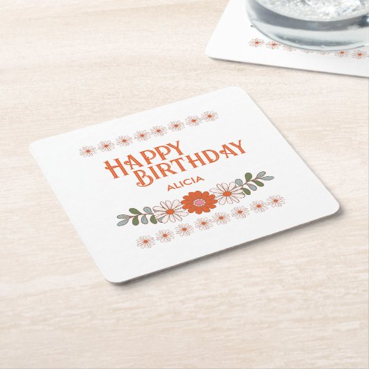 グルーヴィデイジーヒッパイフローラリーフハッピーバースデー スクエアペーパーコースター (アングル)