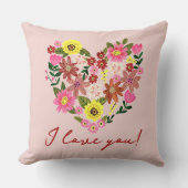 グルーヴィデイジーピンクフラワーハートバレンタインホリデー クッション (正面)