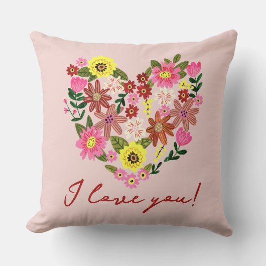 グルーヴィデイジーピンクフラワーハートバレンタインホリデー クッション (正面)