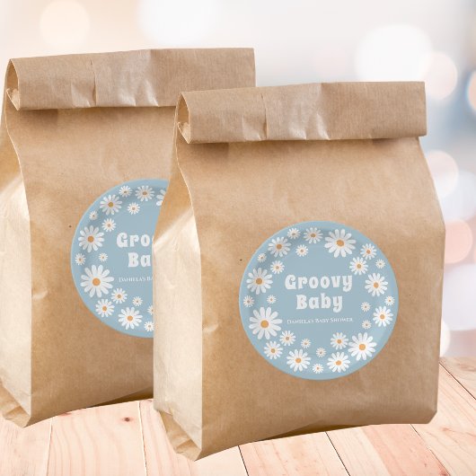 グルーヴィデイジーブルーレトロ男の赤ちゃんシャワー ラウンドシール