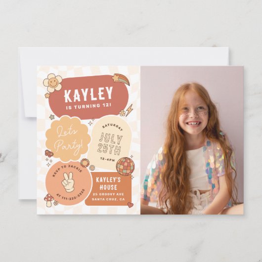 グルーヴィデイジーボホレッツフォトガールパーティー誕生日 招待状 (正面)