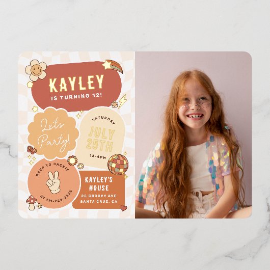 グルーヴィデイジーボホレッツフォトガールパーティー誕生日 箔招待状 (正面)