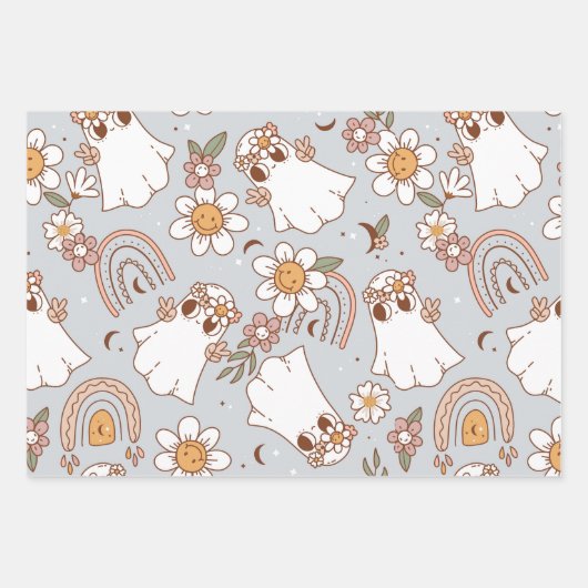 グルーヴィハロウィーンブー幽霊おもしろいレトロパターン ラッピングペーパーシート (正面3)