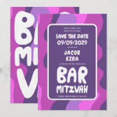 グルーヴィパープルウェーカスタムズこうもりバーブナイ(ユダヤ教の)バル・ミツバー セーブザデート (正面/裏面)