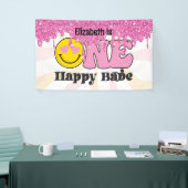 グルーヴィピーチピンクワンハッピーバーベ誕生日バナー 横断幕 (トレードショー)