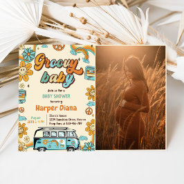 グルーヴィベビーレトロレインボーベビーシャワーパーティー 招待状