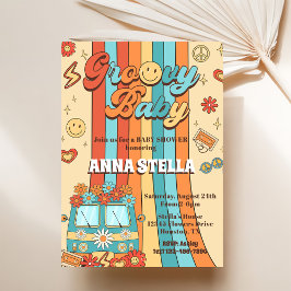 グルーヴィベビーレトロレインボーベビーシャワーパーティー 招待状